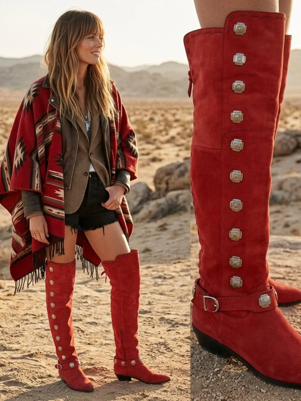 Concho Boots Tall Cowboy Vintage Southwestern OTK Red Western Boots Size 6.5